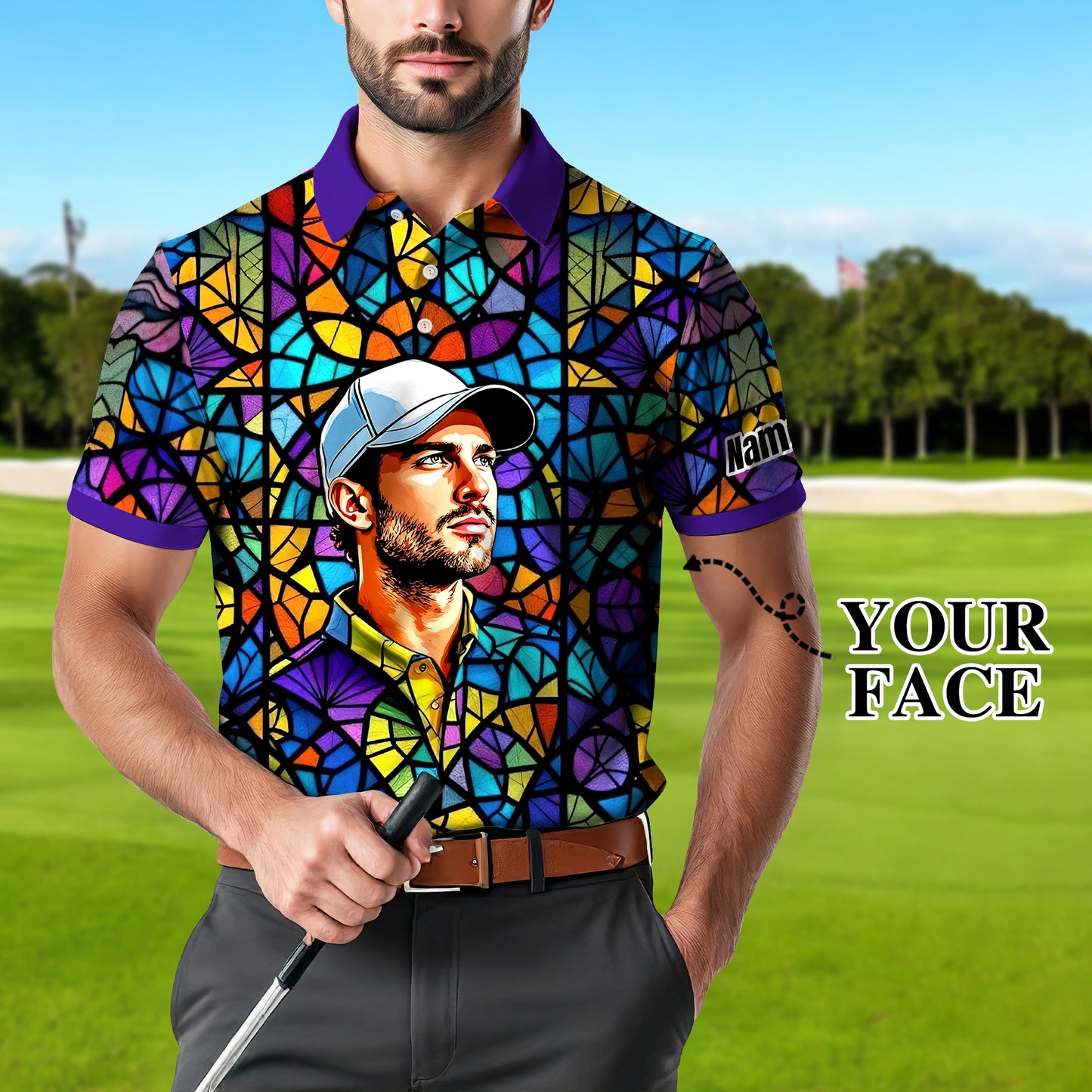 Custom Face Golf Polo Shirt – Personalized Stained Glass Art Shirt, Unique Golf Gift for Him, Colorful Abstract Golf Polo, Custom Sportswear