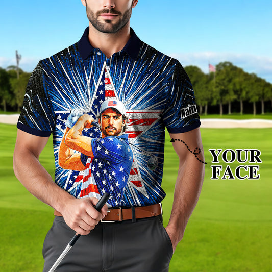Custom Face Patriotic Golf Polo Shirt – Personalized USA Flag Design – American Pride Gift for Him – Mosaic Art Golf Shirt Style 4