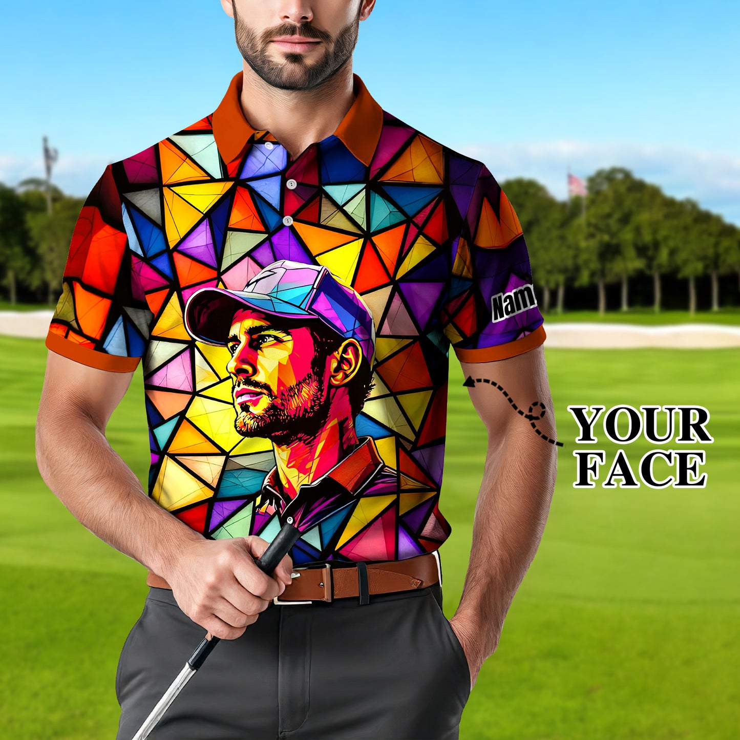 HomyGifts Men's Customized Face Artistic Golf Polo Shirt, Angular Geometric Glass Pattern, Stained-Glass Mosaic Print, Personalized Sublimation Golf Shirt, Vibrant Geometric Portrait Tee
