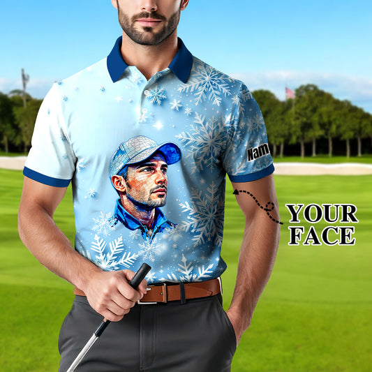 Custom Face Golf Polo Shirt – Personalized Christmas Golf Shirt for Him, Unique Holiday Gift for Golfer, Snowflake Design Golf Apparel Style 6