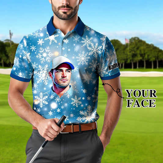 Custom Face Golf Polo Shirt – Personalized Christmas Golf Shirt for Him, Unique Holiday Gift for Golfer, Snowflake Design Golf Apparel Style 2