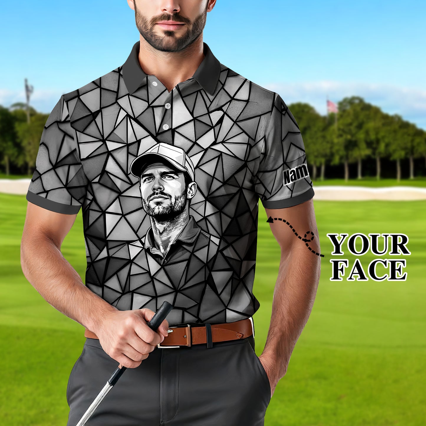Angular Geometric Glass Pattern Custom Face Polo — Stained-Glass Mosaic Print, Personalized Sublimation Golf Shirt, Vibrant Geometric Portrait Tee