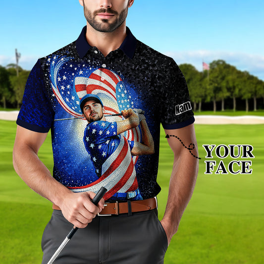 Custom Face Patriotic Golf Polo Shirt – Personalized USA Flag Design – American Pride Gift for Him – Mosaic Art Golf Shirt Style 12