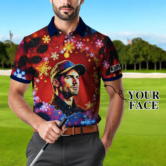 Custom Face Golf Polo Shirt – Personalized Christmas Golf Shirt for Him, Unique Holiday Gift for Golfer, Snowflake Design Golf Apparel Style 12