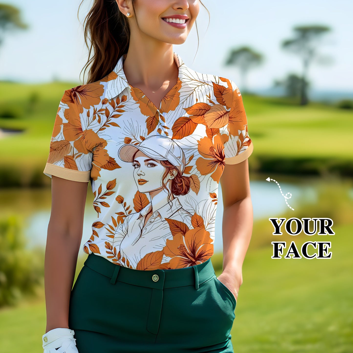 Women’s Custom Face Hibiscus Polo Shirt – Personalized Tropical Floral Polo, Unique Gift for Her, Stylish Custom Golf & Casual Wear Style 12