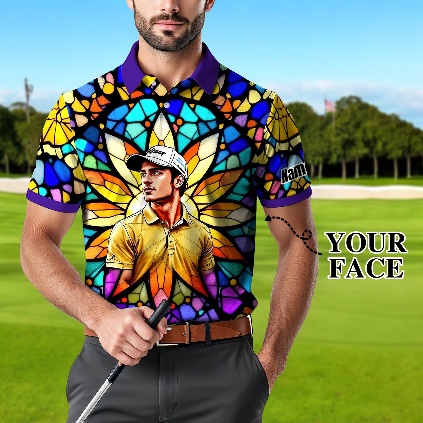 Custom Face Golf Polo Shirt – Personalized Stained Glass Art Shirt, Unique Golf Gift for Him, Colorful Abstract Golf Polo, Custom Sportswear