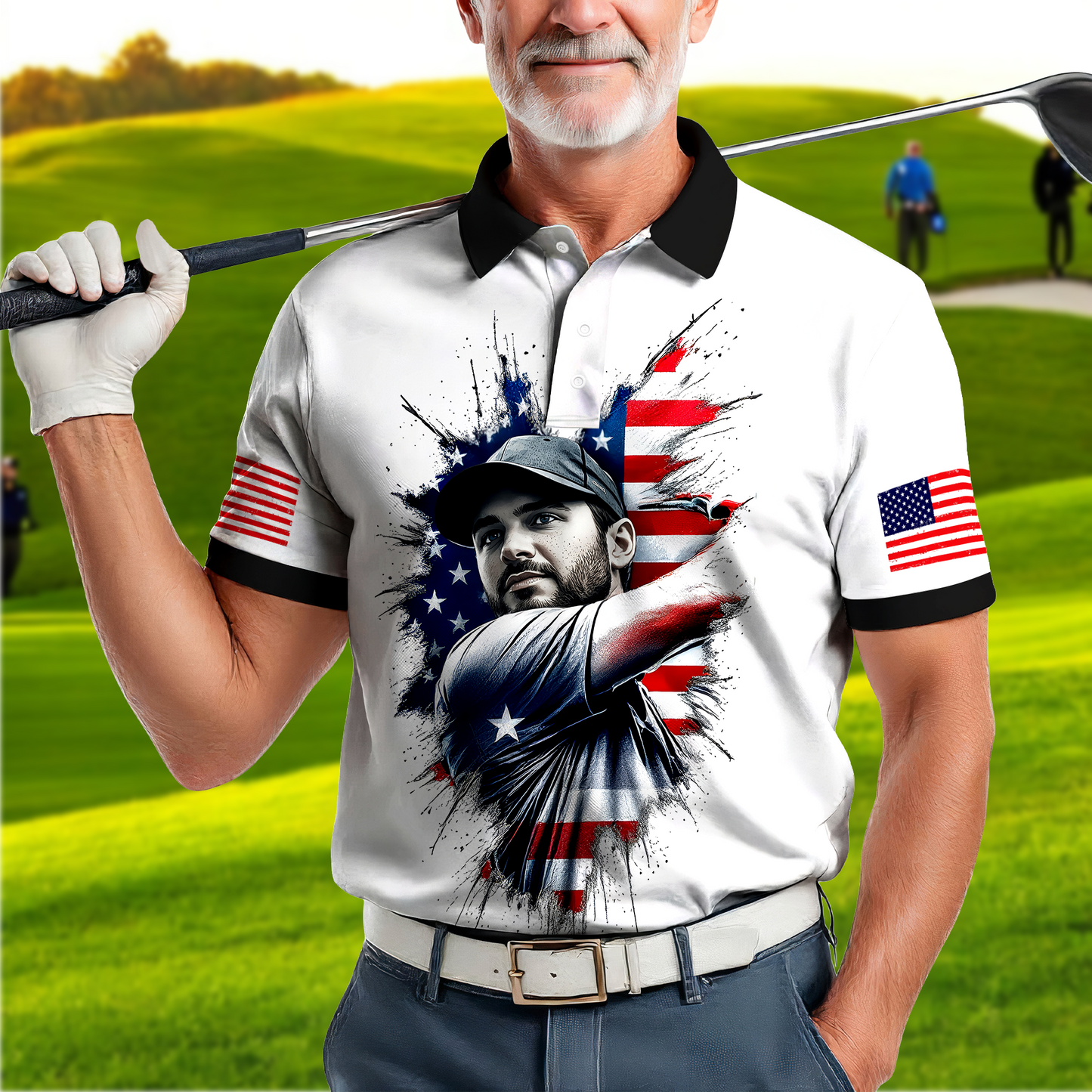 Men's Patriotic Custom Face Golf Polo Shirt - American Flag Design