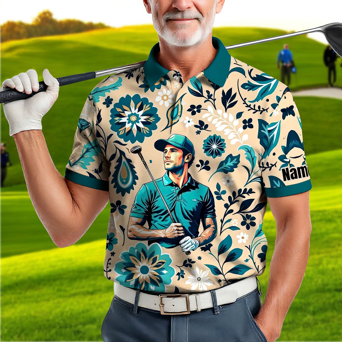 Custom Retro Pattern Art Polo Shirt – Personalized Face & Name | Vintage Floral Pattern Collared Shirt for Men Style 4