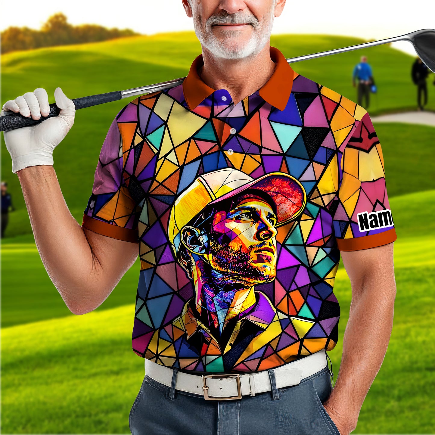HomyGifts Men's Customized Face Artistic Golf Polo Shirt, Angular Geometric Glass Pattern, Stained-Glass Mosaic Print, Personalized Sublimation Golf Shirt, Vibrant Geometric Portrait Tee