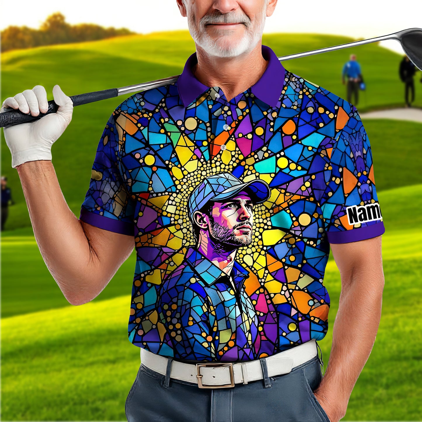Custom Face Golf Polo Shirt – Personalized Stained Glass Art Shirt, Unique Golf Gift for Him, Colorful Abstract Golf Polo, Custom Sportswear