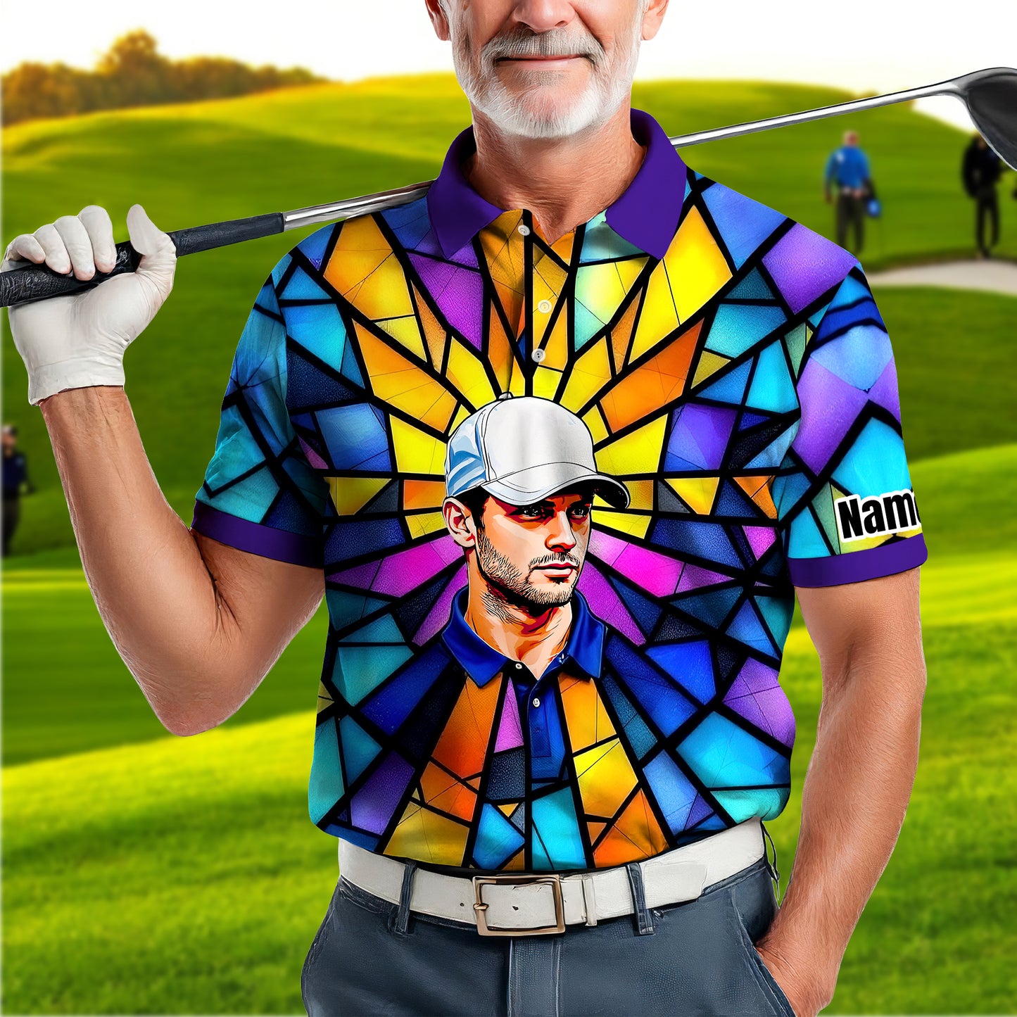 Custom Face Golf Polo Shirt – Personalized Stained Glass Art Shirt, Unique Golf Gift for Him, Colorful Abstract Golf Polo, Custom Sportswear