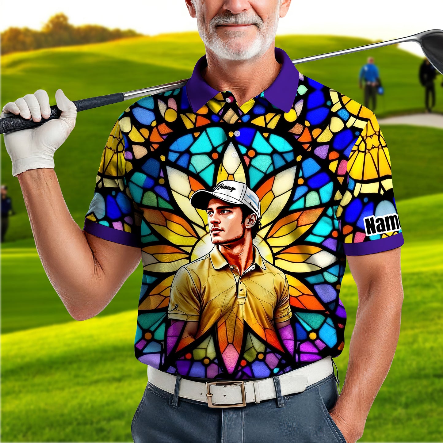 Custom Face Golf Polo Shirt – Personalized Stained Glass Art Shirt, Unique Golf Gift for Him, Colorful Abstract Golf Polo, Custom Sportswear