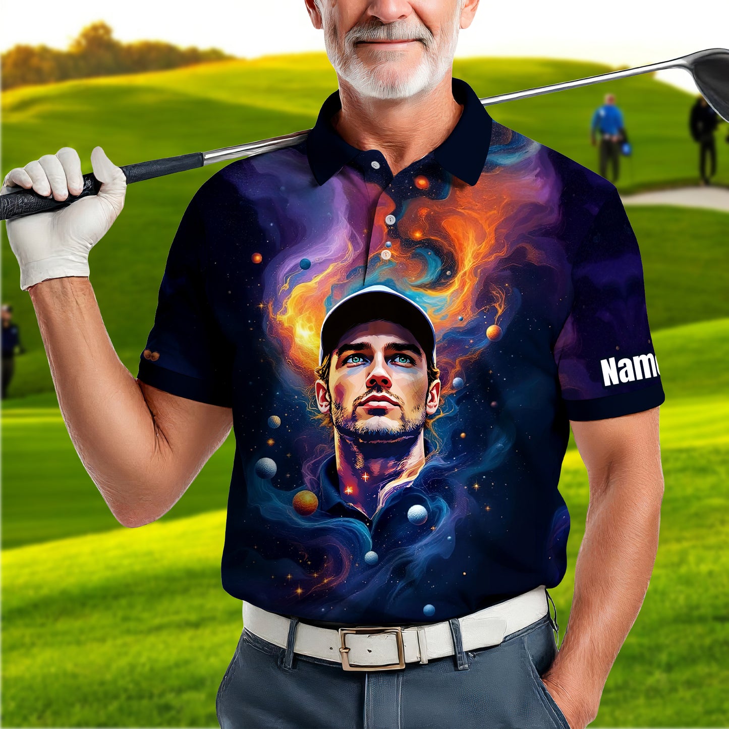 Custom Cosmic Portrait Polo Shirt – Personalized Surreal Galaxy Art with Your Face | Unique Gift for Golfers, Sports & Astrology Fans
