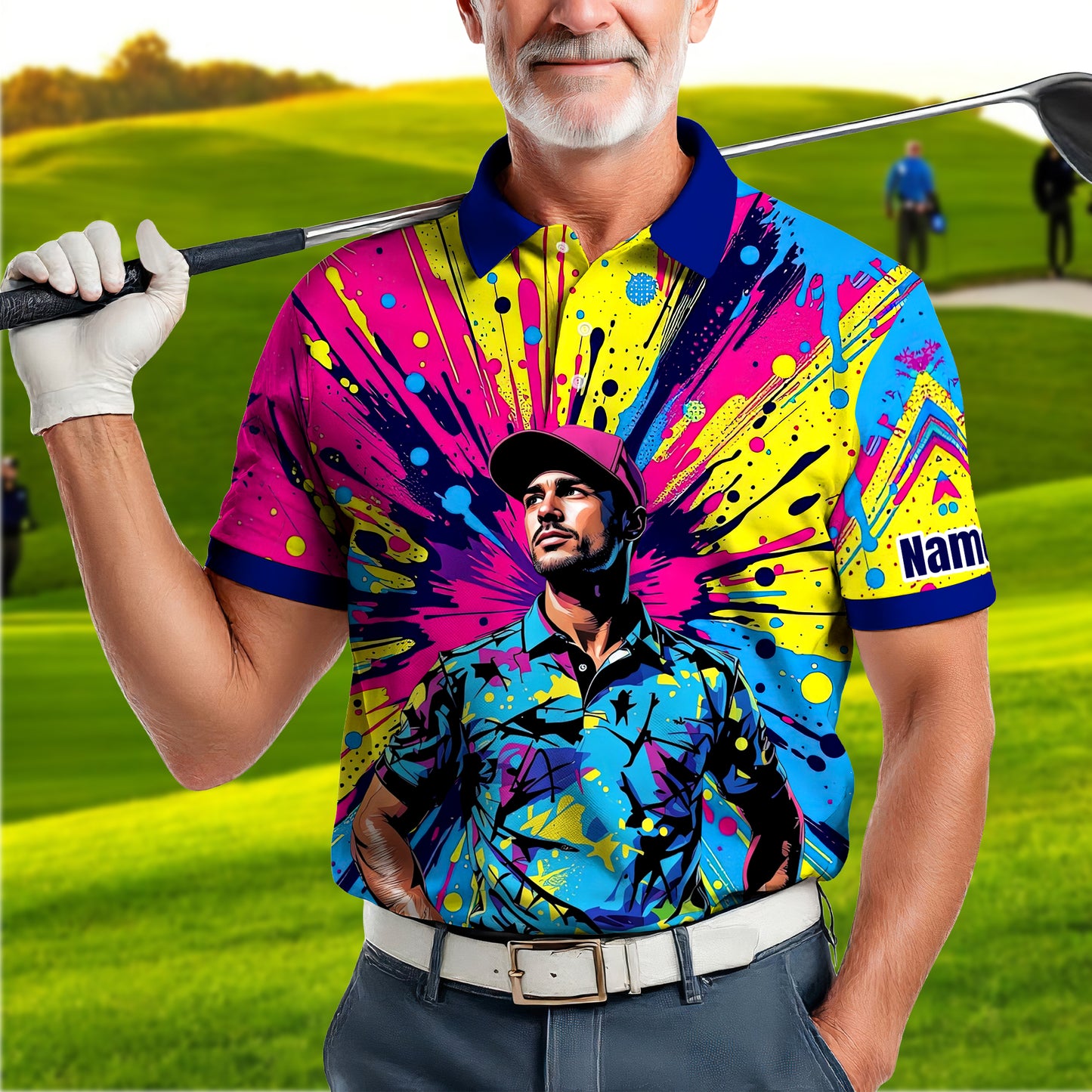 HomyGifts Men's Customized Face Artistic Golf Polo Shirt, Personalized Pop Art Golf Polo, Portrait Gift for Golfers Style 11