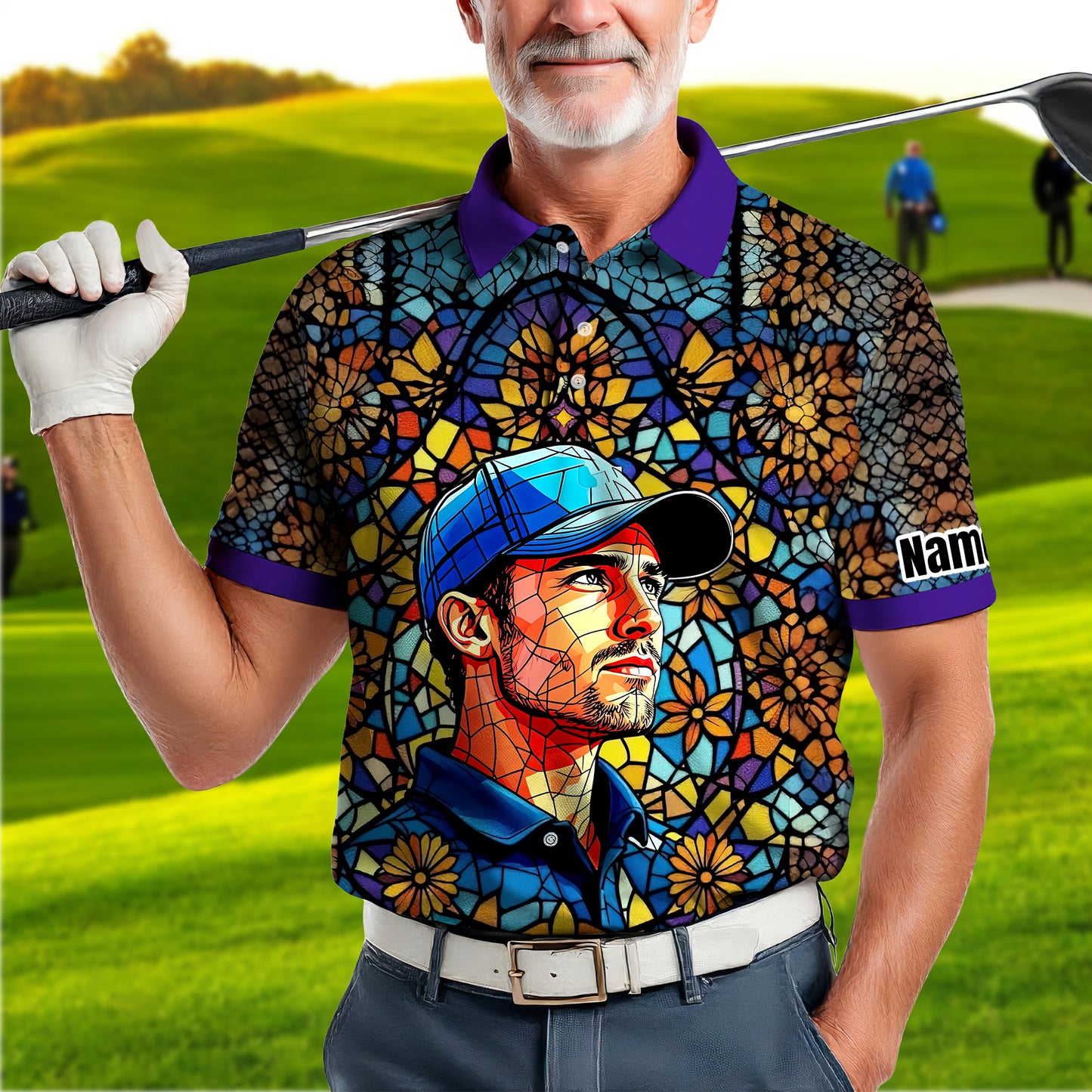 Custom Face Golf Polo Shirt – Personalized Stained Glass Art Shirt, Unique Golf Gift for Him, Colorful Abstract Golf Polo, Custom Sportswear