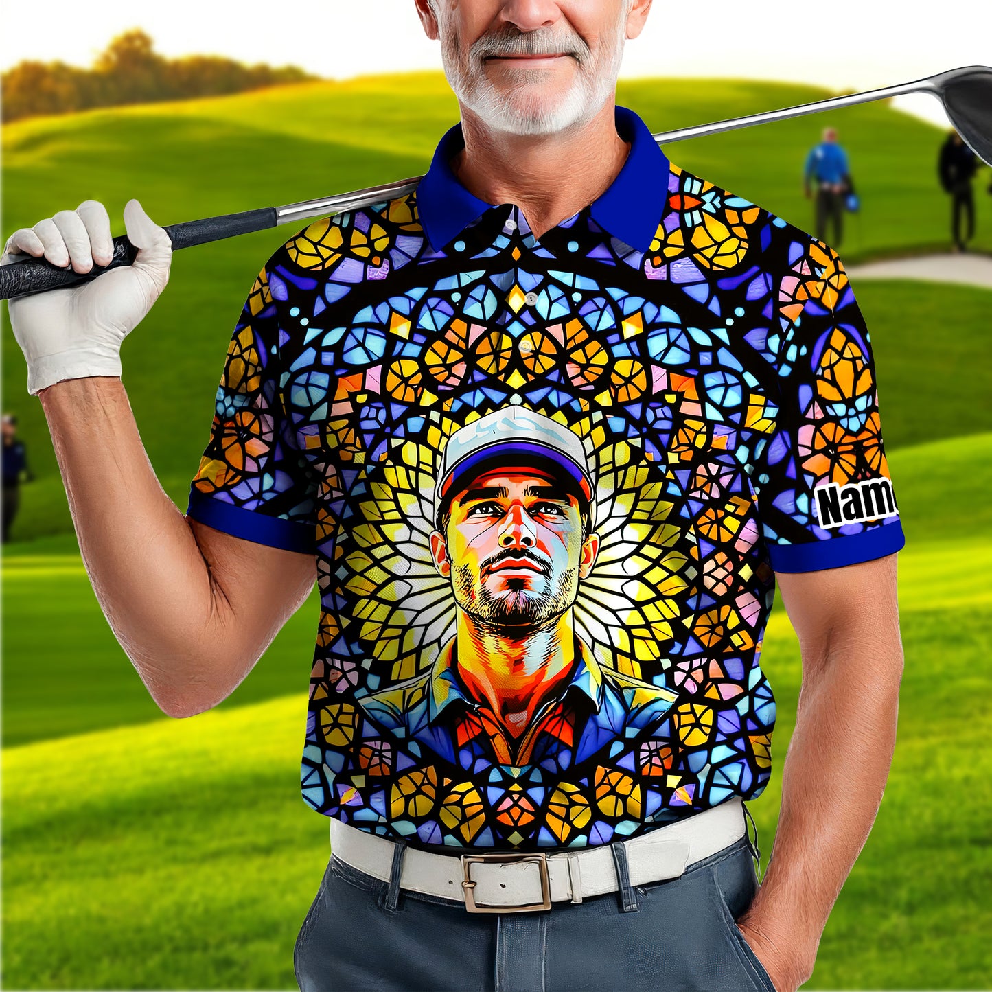 Custom Face Golf Polo Shirt – Personalized Stained Glass Mandala Style Polo, Unique Gift for Men & Women, Vibrant Artistic Golf Shirt, Custom Photo Polo