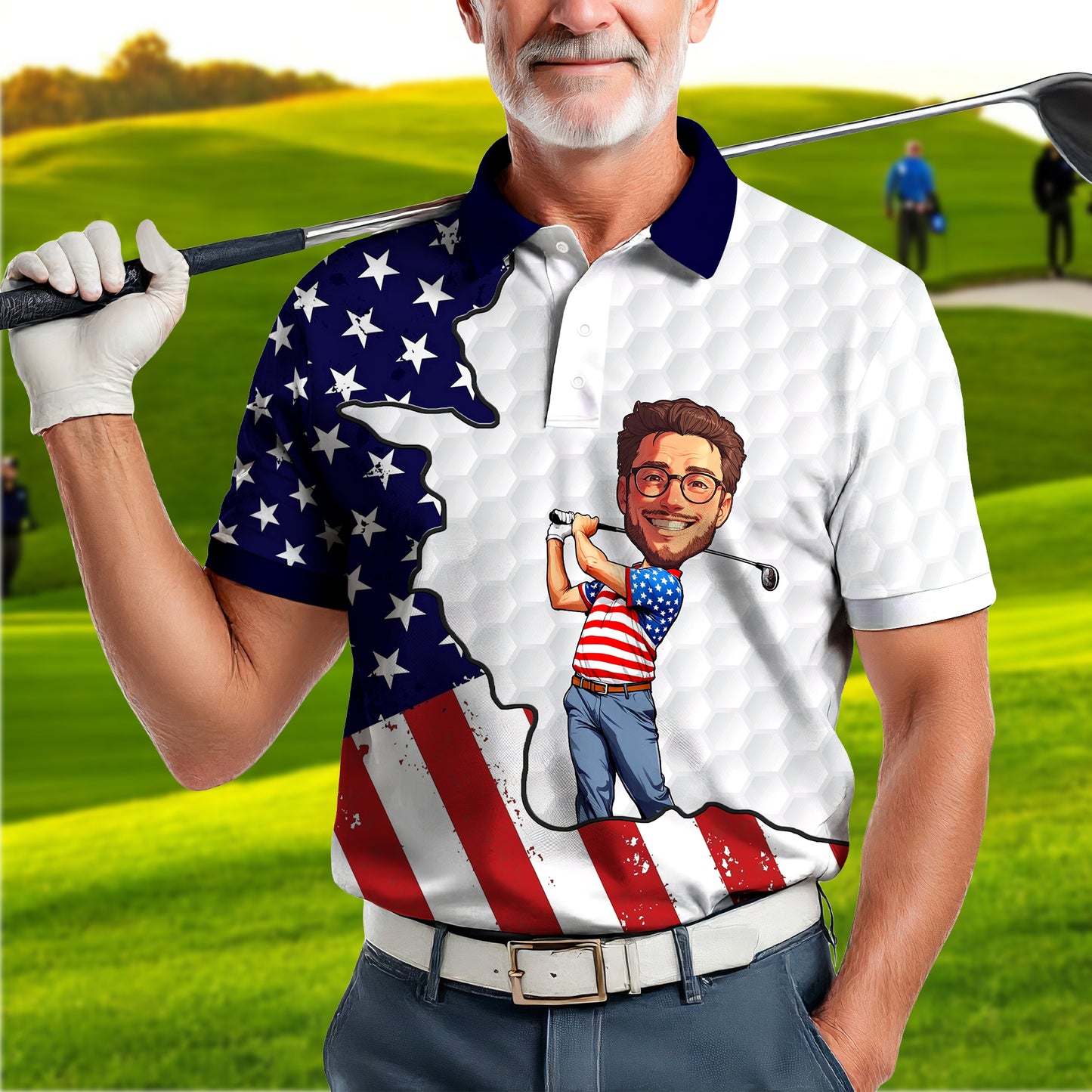 Men's Patriotic Custom Face Golf Polo Shirt - American Flag Design