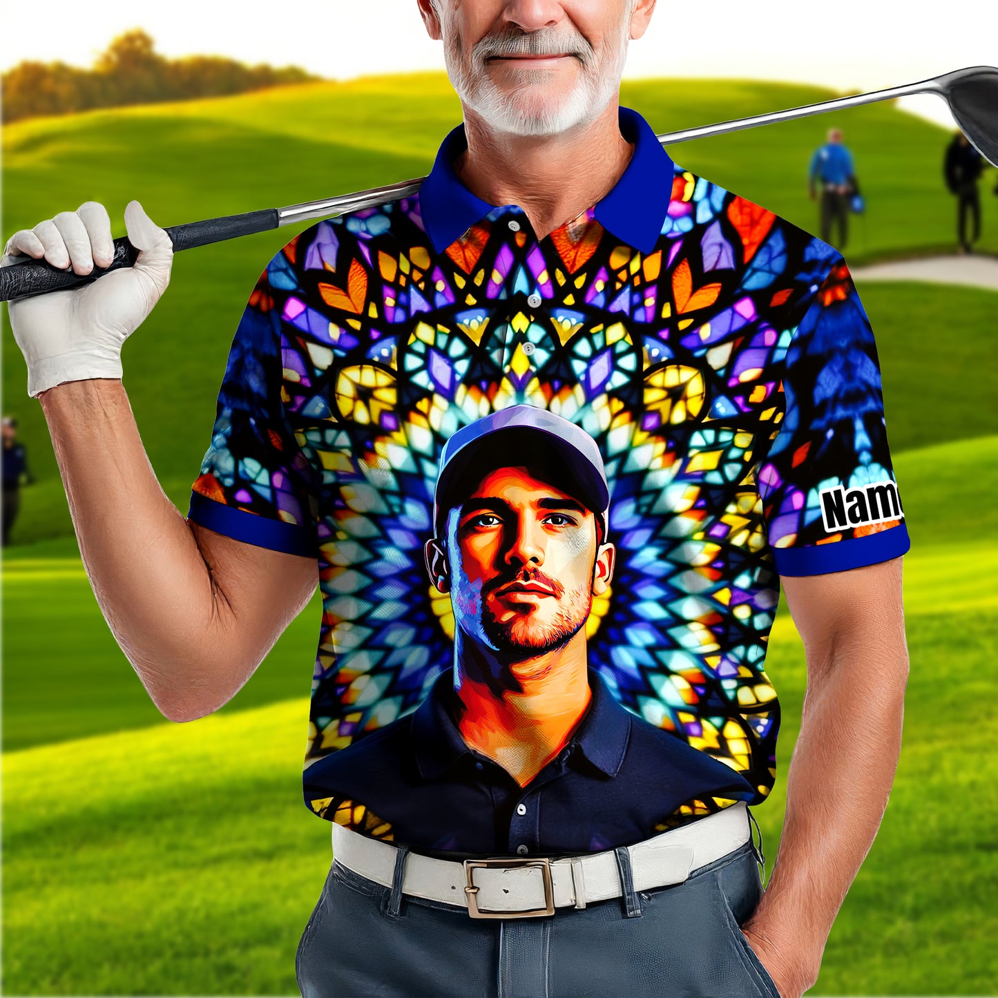 Custom Face Golf Polo Shirt – Personalized Stained Glass Mandala Style Polo, Unique Gift for Men & Women, Vibrant Artistic Golf Shirt, Custom Photo Polo