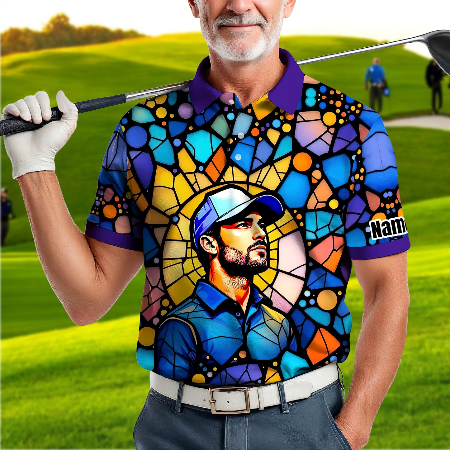 Custom Face Golf Polo Shirt – Personalized Stained Glass Art Shirt, Unique Golf Gift for Him, Colorful Abstract Golf Polo, Custom Sportswear