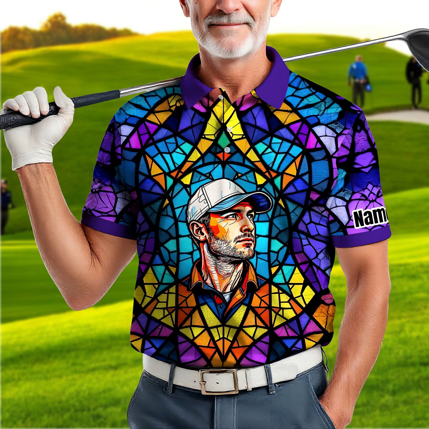 Custom Face Golf Polo Shirt – Personalized Stained Glass Art Shirt, Unique Golf Gift for Him, Colorful Abstract Golf Polo, Custom Sportswear