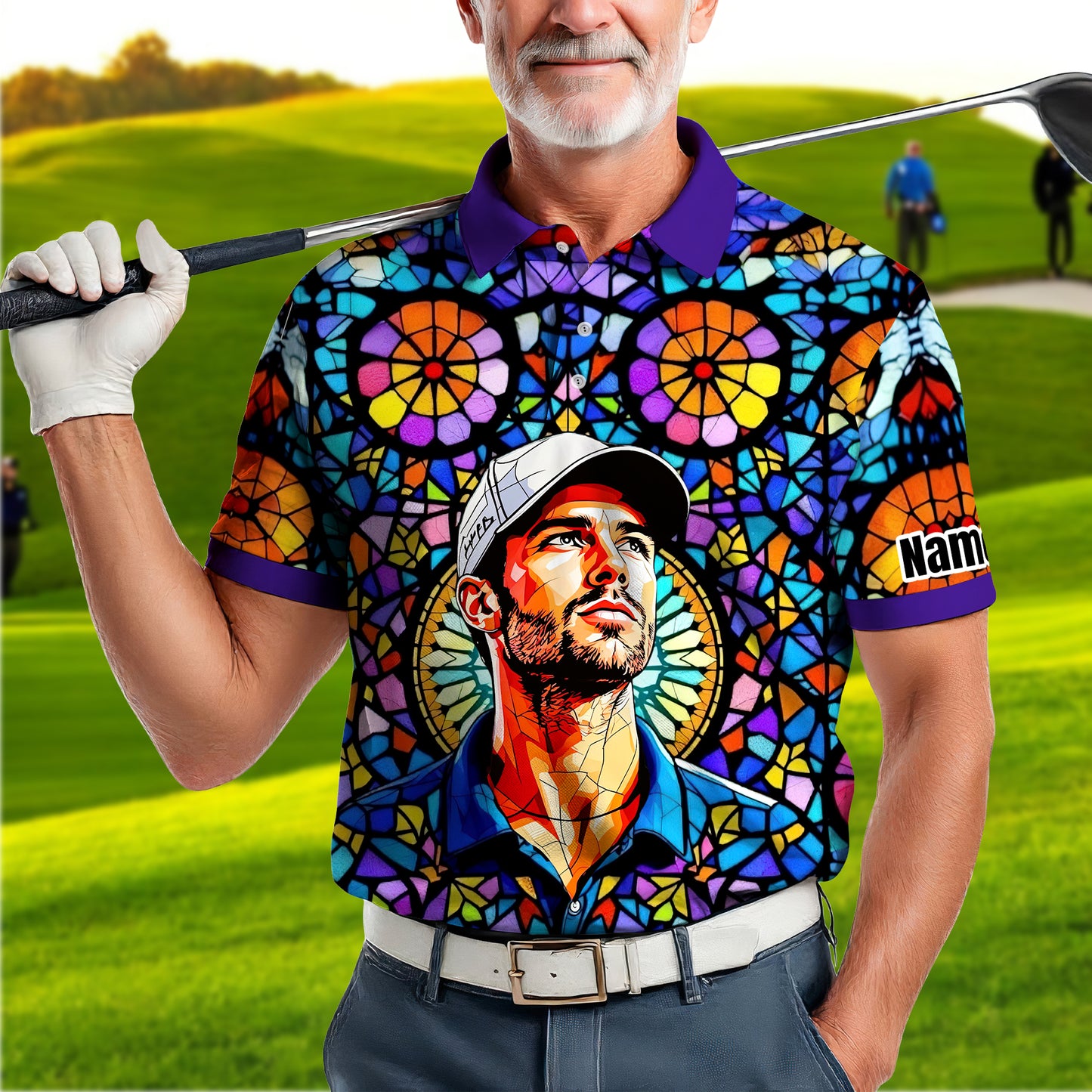 Custom Face Golf Polo Shirt – Personalized Stained Glass Art Shirt, Unique Golf Gift for Him, Colorful Abstract Golf Polo, Custom Sportswear