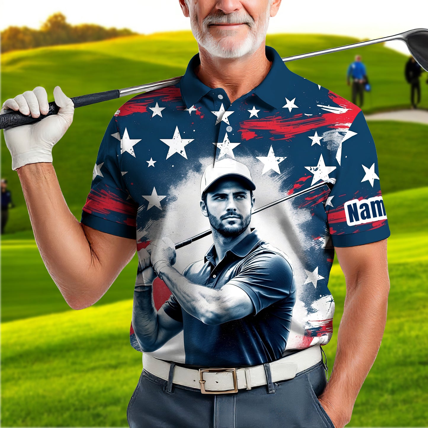 HomyGifts Men's Customized Face Artistic Golf Polo Shirt, Personalized American Flag Design, Unique Gift for Patriotic Golfers Style 29
