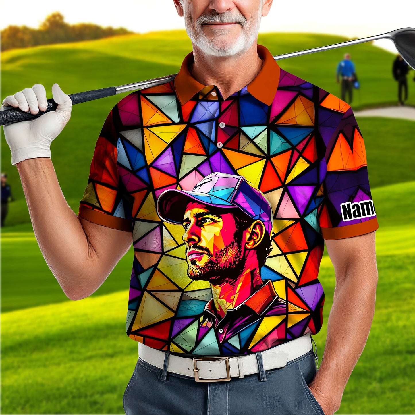HomyGifts Men's Customized Face Artistic Golf Polo Shirt, Angular Geometric Glass Pattern, Stained-Glass Mosaic Print, Personalized Sublimation Golf Shirt, Vibrant Geometric Portrait Tee
