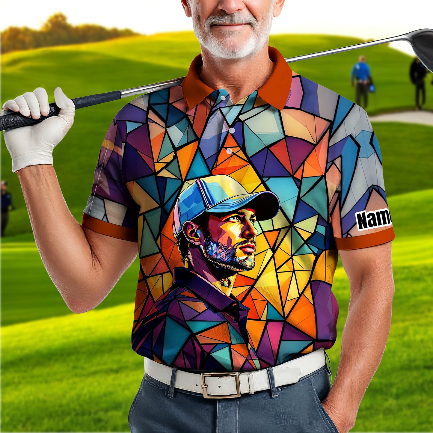 Angular Geometric Glass Pattern Custom Face Polo — Stained-Glass Mosaic Print, Personalized Sublimation Golf Shirt, Vibrant Geometric Portrait Tee