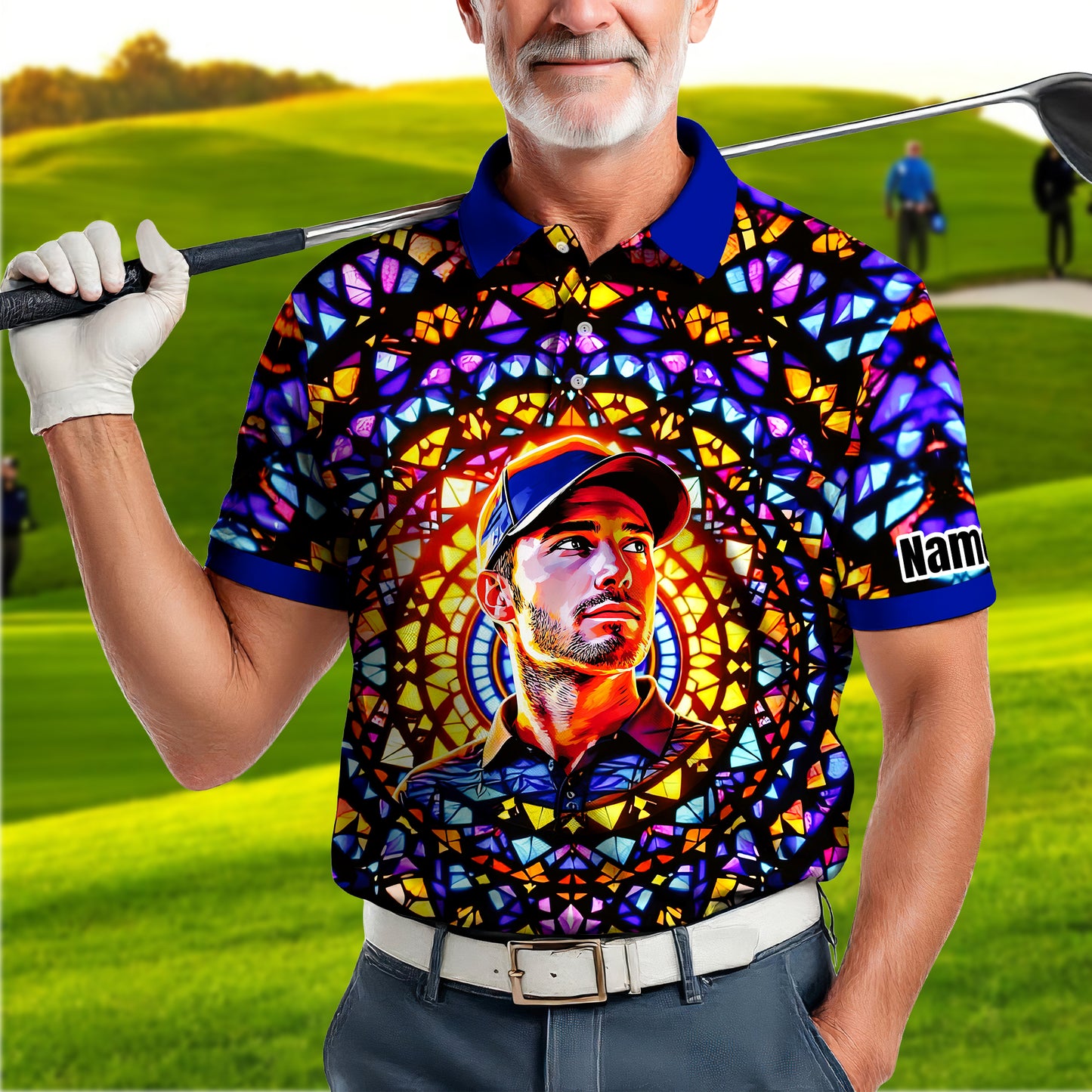 Custom Face Golf Polo Shirt – Personalized Stained Glass Mandala Style Polo, Unique Gift for Men & Women, Vibrant Artistic Golf Shirt, Custom Photo Polo