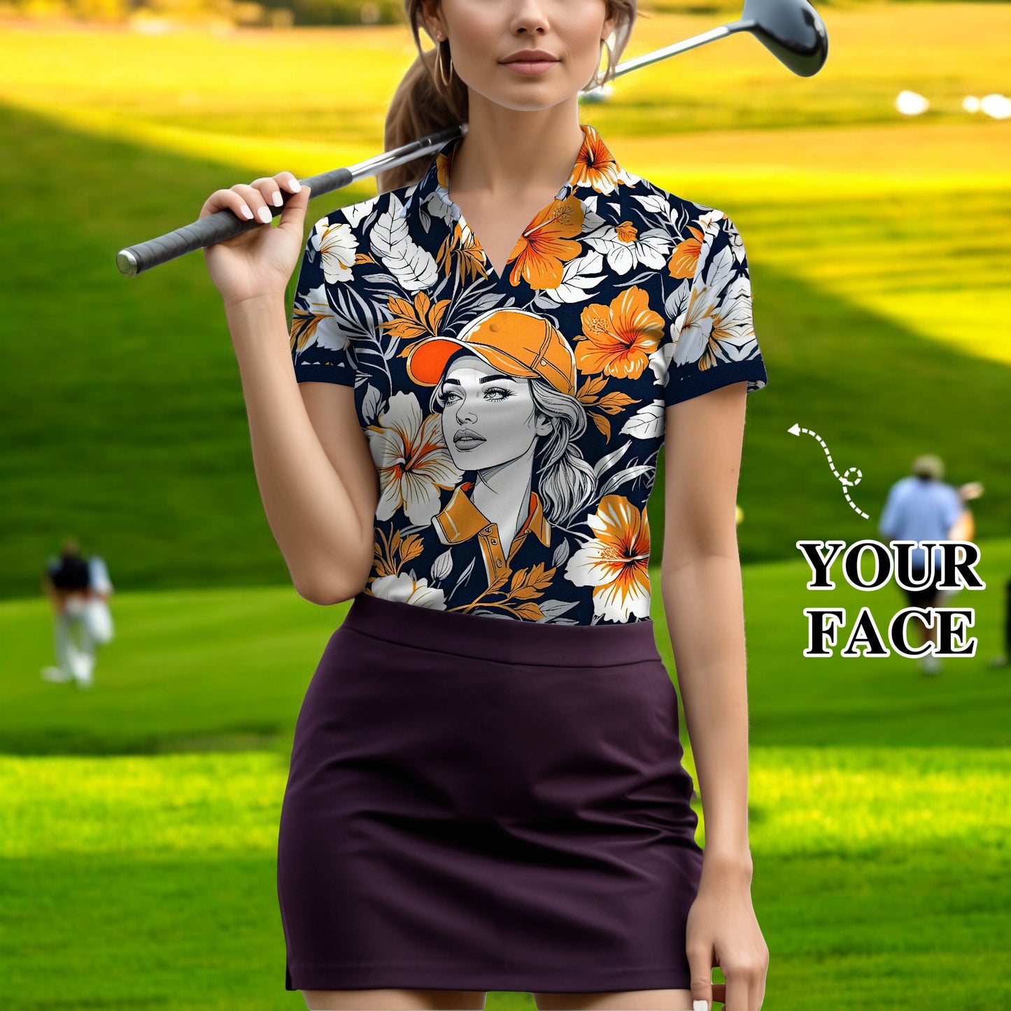Women’s Custom Face Hibiscus Polo Shirt – Personalized Tropical Floral Polo, Unique Gift for Her, Stylish Custom Golf & Casual Wear Style 9