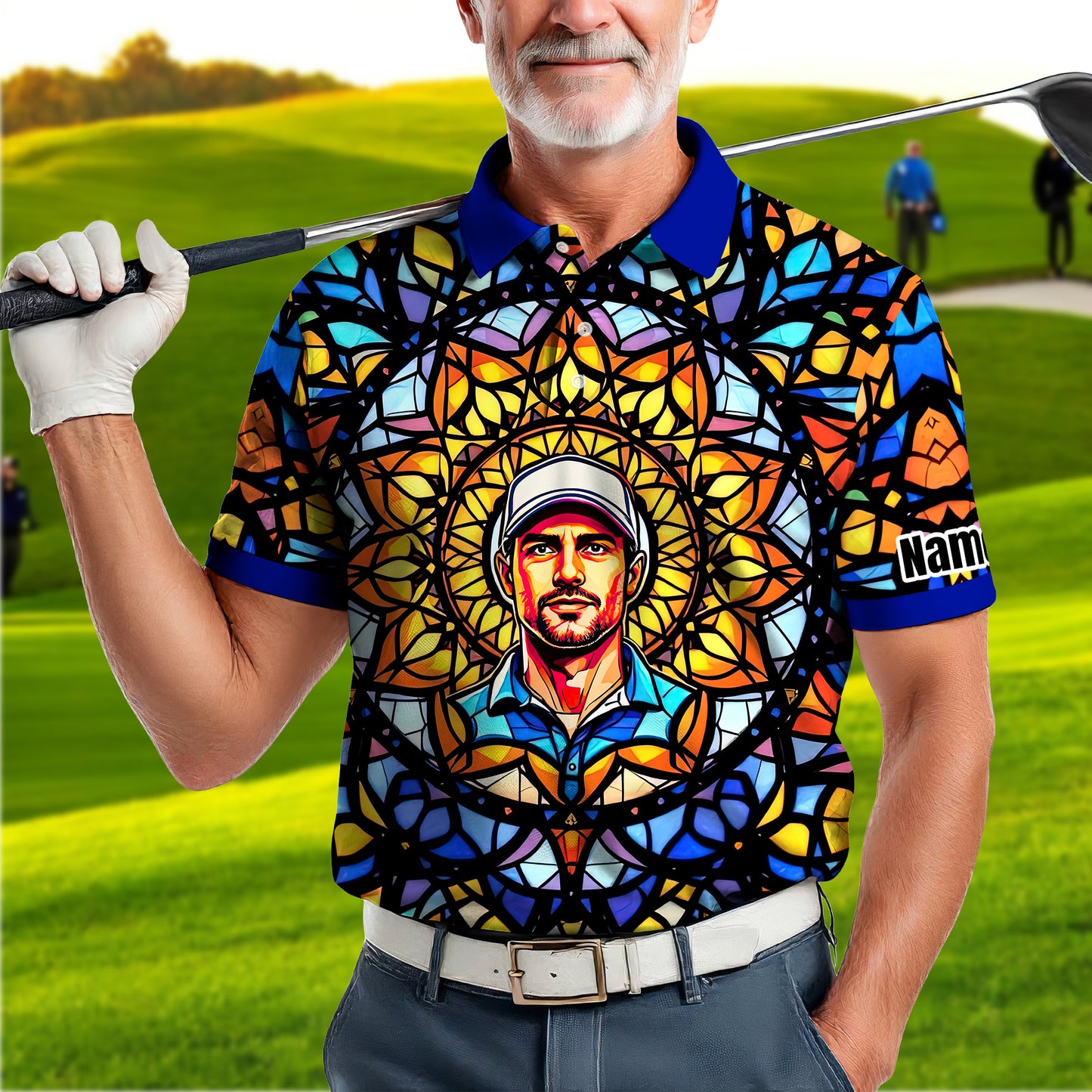 Custom Face Golf Polo Shirt – Personalized Stained Glass Mandala Style Polo, Unique Gift for Men & Women, Vibrant Artistic Golf Shirt, Custom Photo Polo
