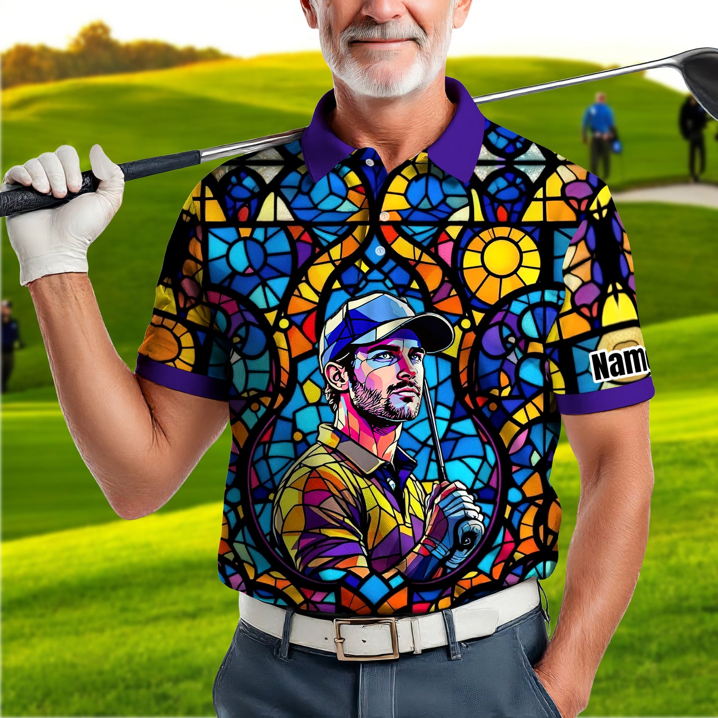 Custom Face Golf Polo Shirt – Personalized Stained Glass Art Shirt, Unique Golf Gift for Him, Colorful Abstract Golf Polo, Custom Sportswear
