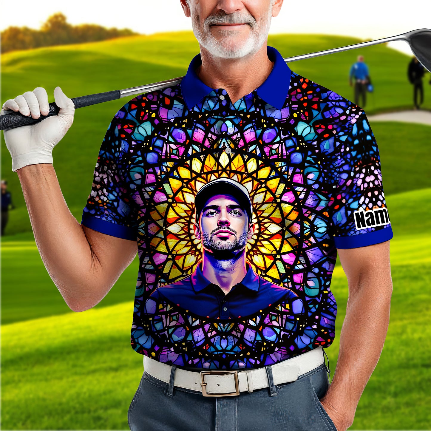 Custom Face Golf Polo Shirt – Personalized Stained Glass Mandala Style Polo, Unique Gift for Men & Women, Vibrant Artistic Golf Shirt, Custom Photo Polo