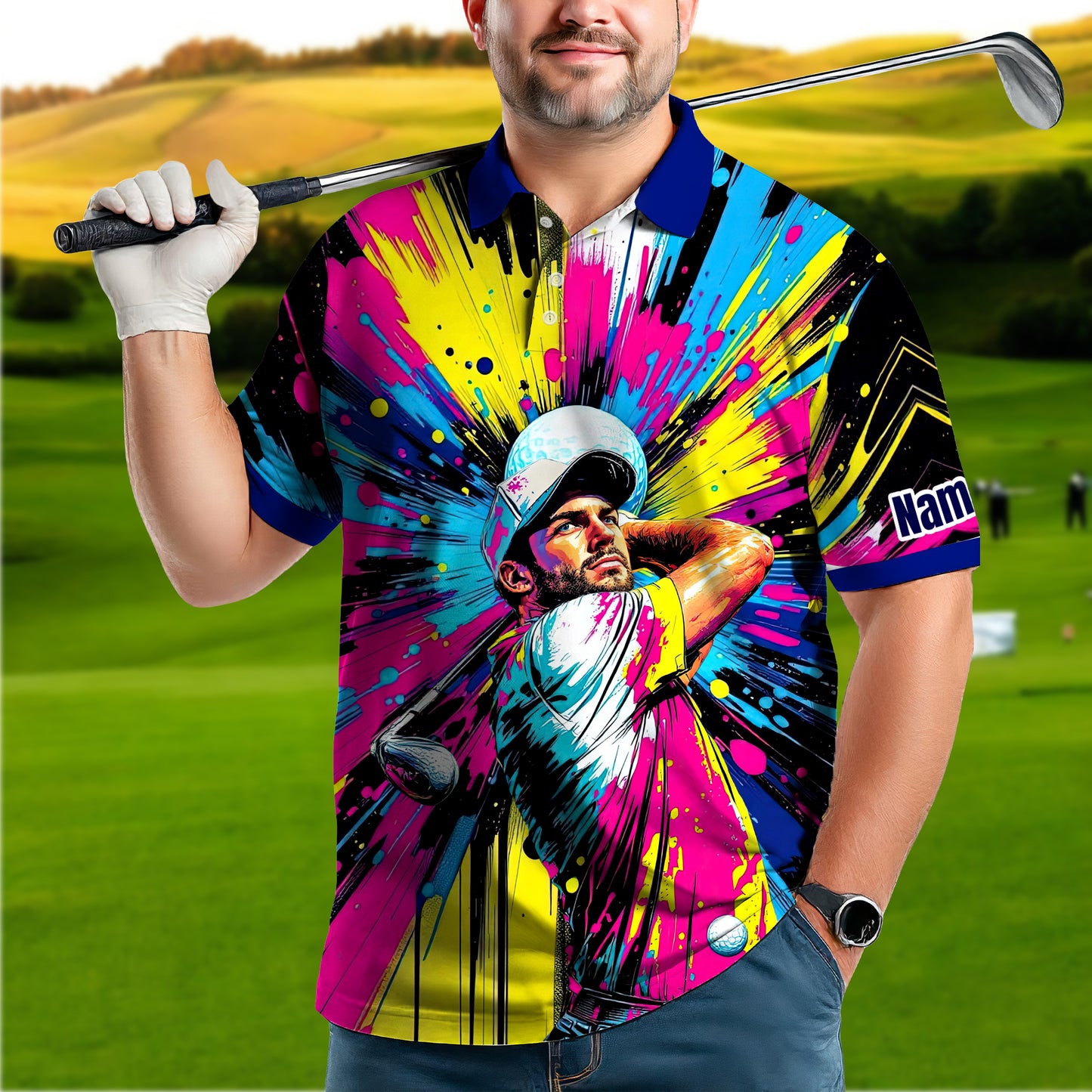 HomyGifts Men's Customized Face Artistic Golf Polo Shirt, Personalized Pop Art Golf Polo, Portrait Gift for Golfers Style 8