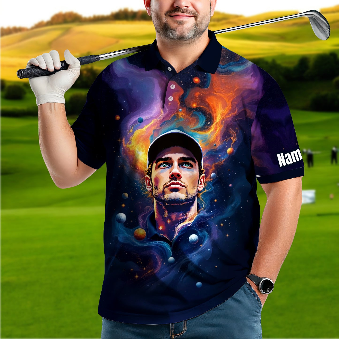 Custom Cosmic Portrait Polo Shirt – Personalized Surreal Galaxy Art with Your Face | Unique Gift for Golfers, Sports & Astrology Fans