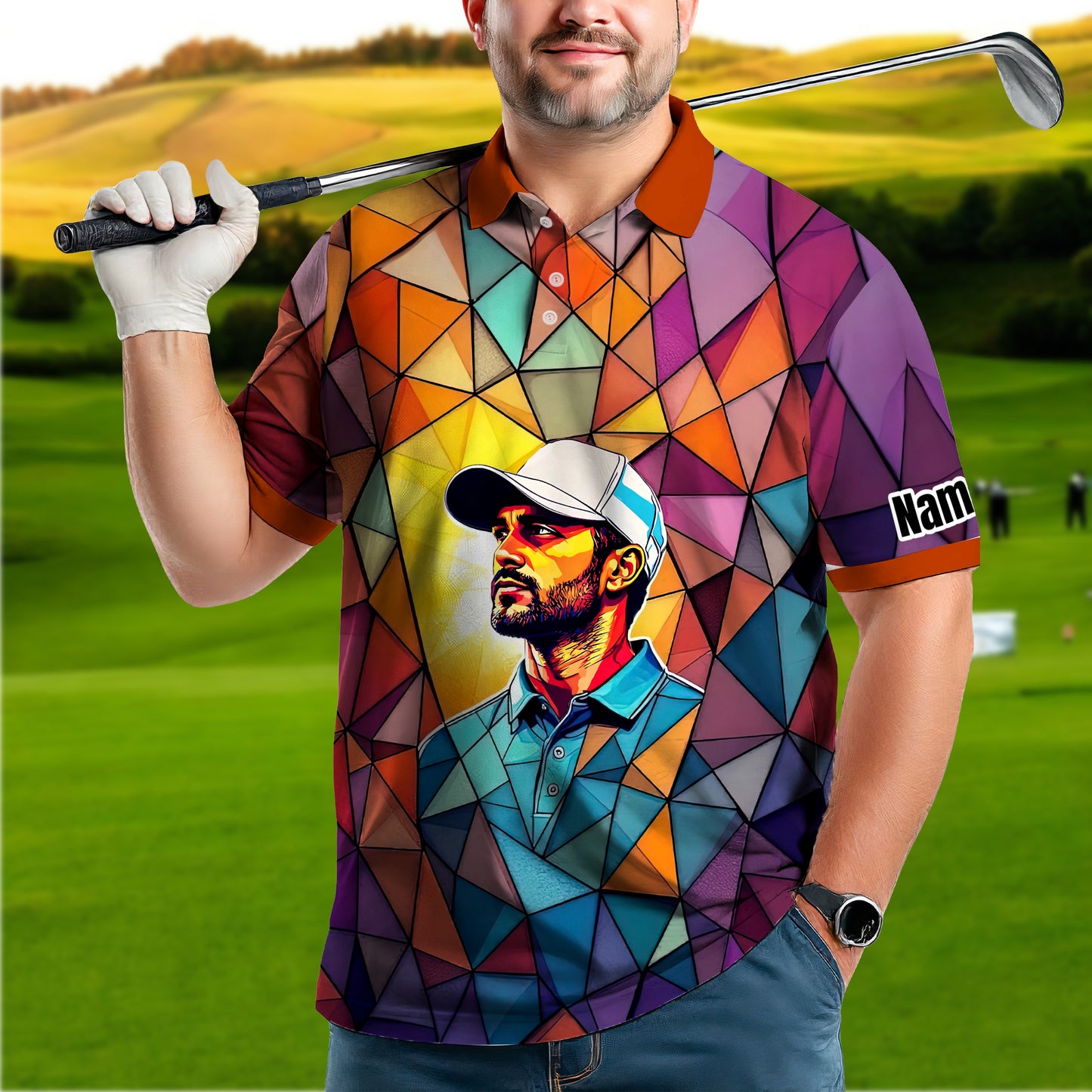 Angular Geometric Glass Pattern Custom Face Polo — Stained-Glass Mosaic Print, Personalized Sublimation Golf Shirt, Vibrant Geometric Portrait Tee