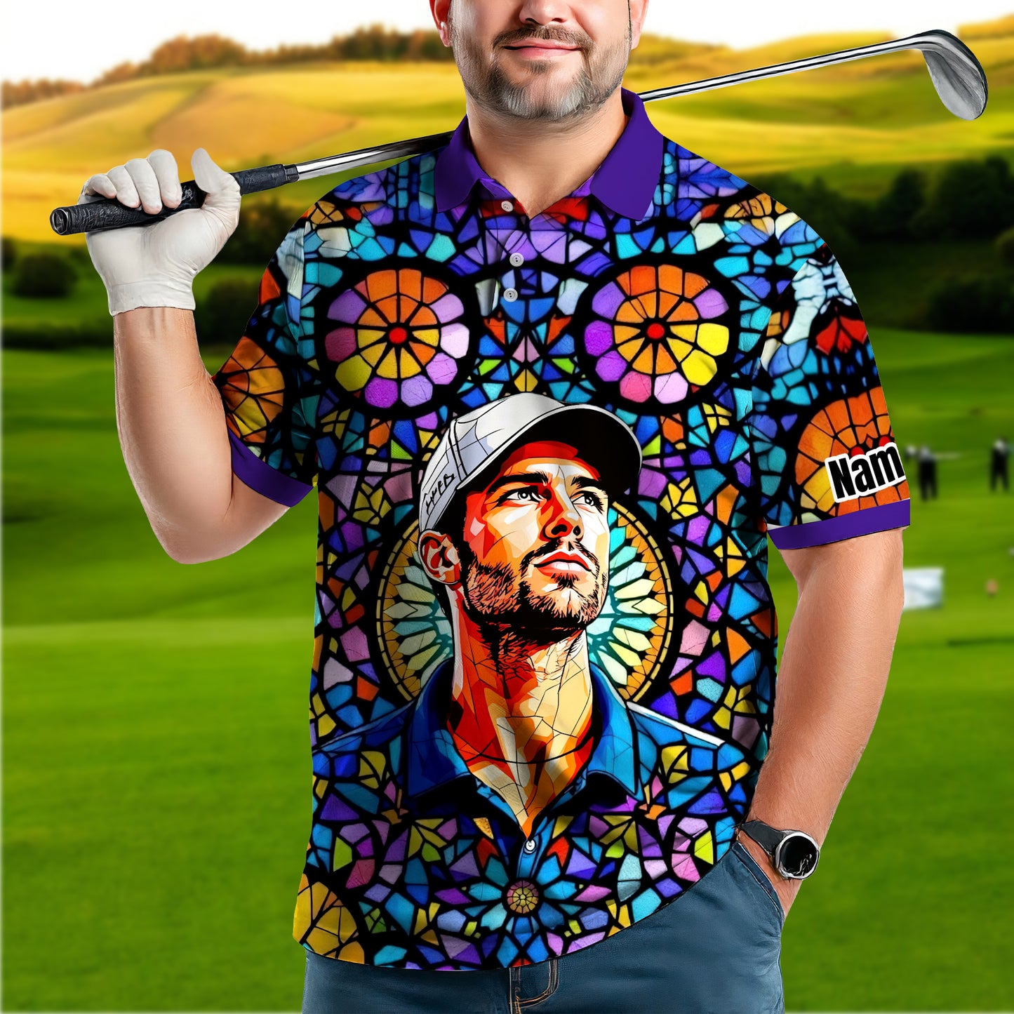 Custom Face Golf Polo Shirt – Personalized Stained Glass Art Shirt, Unique Golf Gift for Him, Colorful Abstract Golf Polo, Custom Sportswear