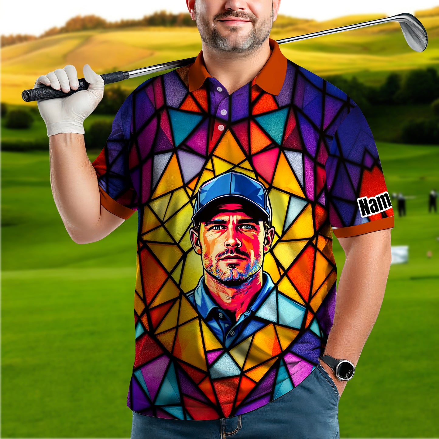 HomyGifts Men's Customized Face Artistic Golf Polo Shirt, Angular Geometric Glass Pattern, Stained-Glass Mosaic Print, Personalized Sublimation Golf Shirt, Vibrant Geometric Portrait Tee