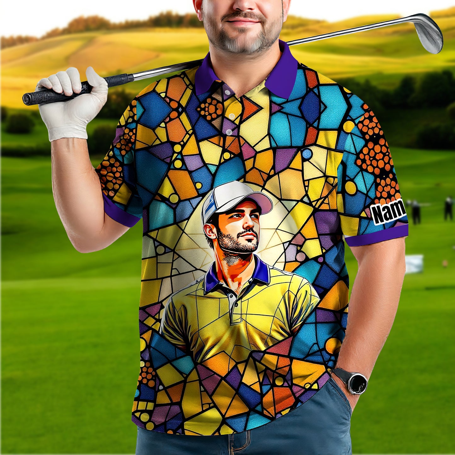 Custom Face Golf Polo Shirt – Personalized Stained Glass Art Shirt, Unique Golf Gift for Him, Colorful Abstract Golf Polo, Custom Sportswear