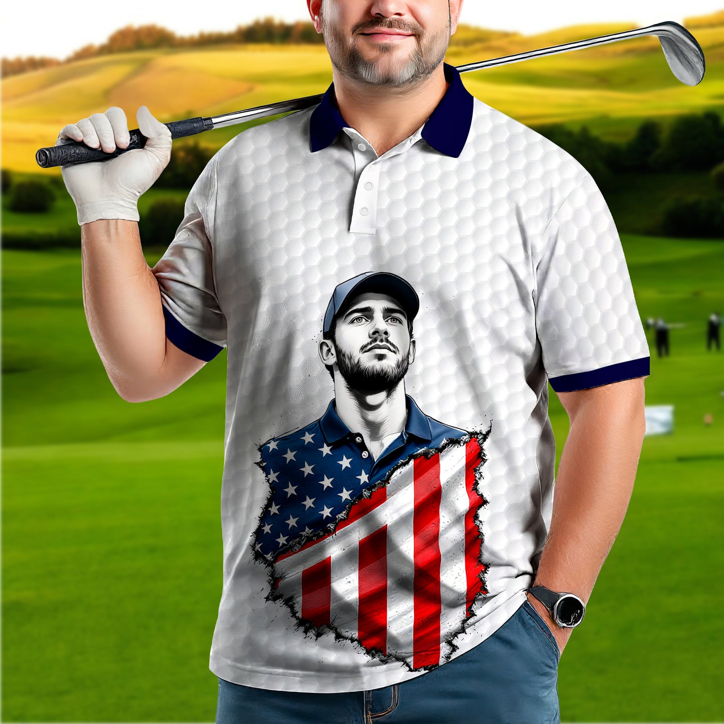 Men's Patriotic Custom Face Golf Polo Shirt - American Flag Design