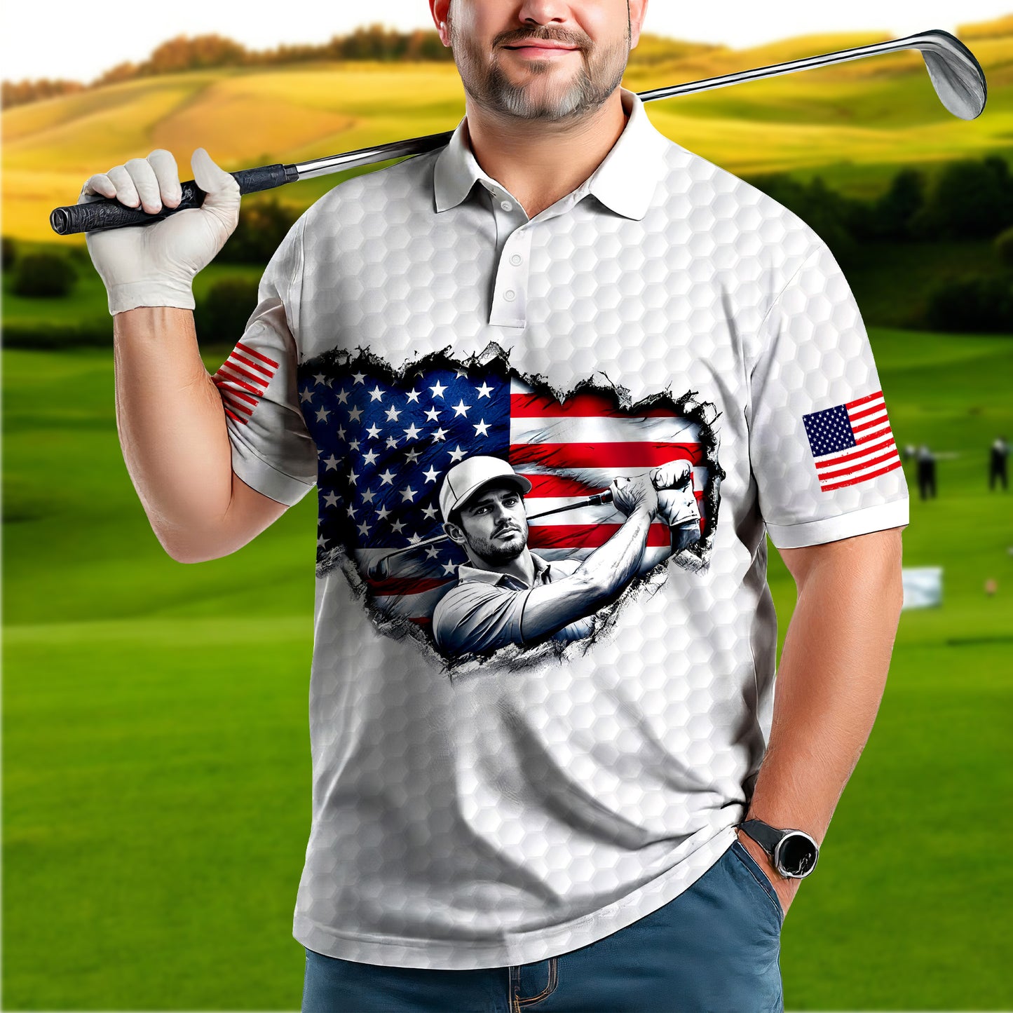 Men's Patriotic Custom Face Golf Polo Shirt - American Flag Design
