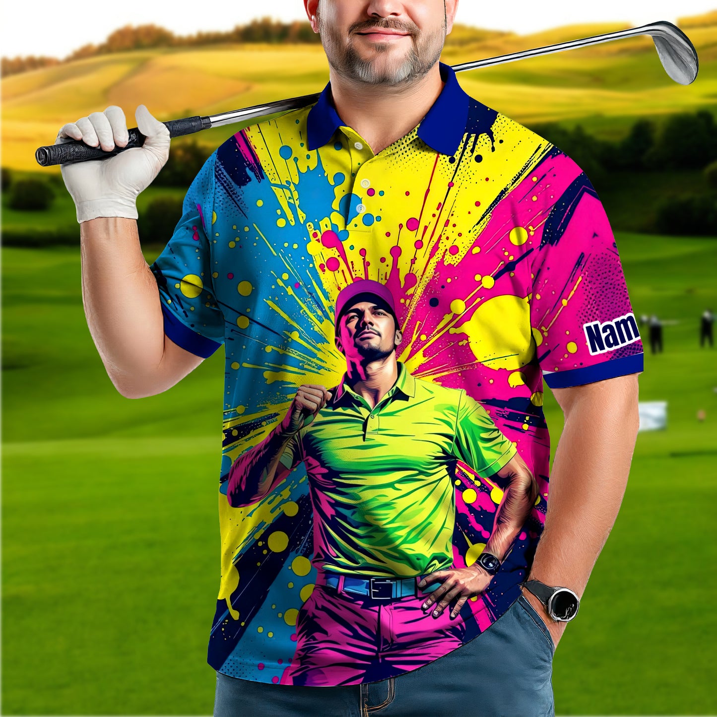 HomyGifts Men's Customized Face Artistic Golf Polo Shirt, Personalized Pop Art Golf Polo, Portrait Gift for Golfers Style 9