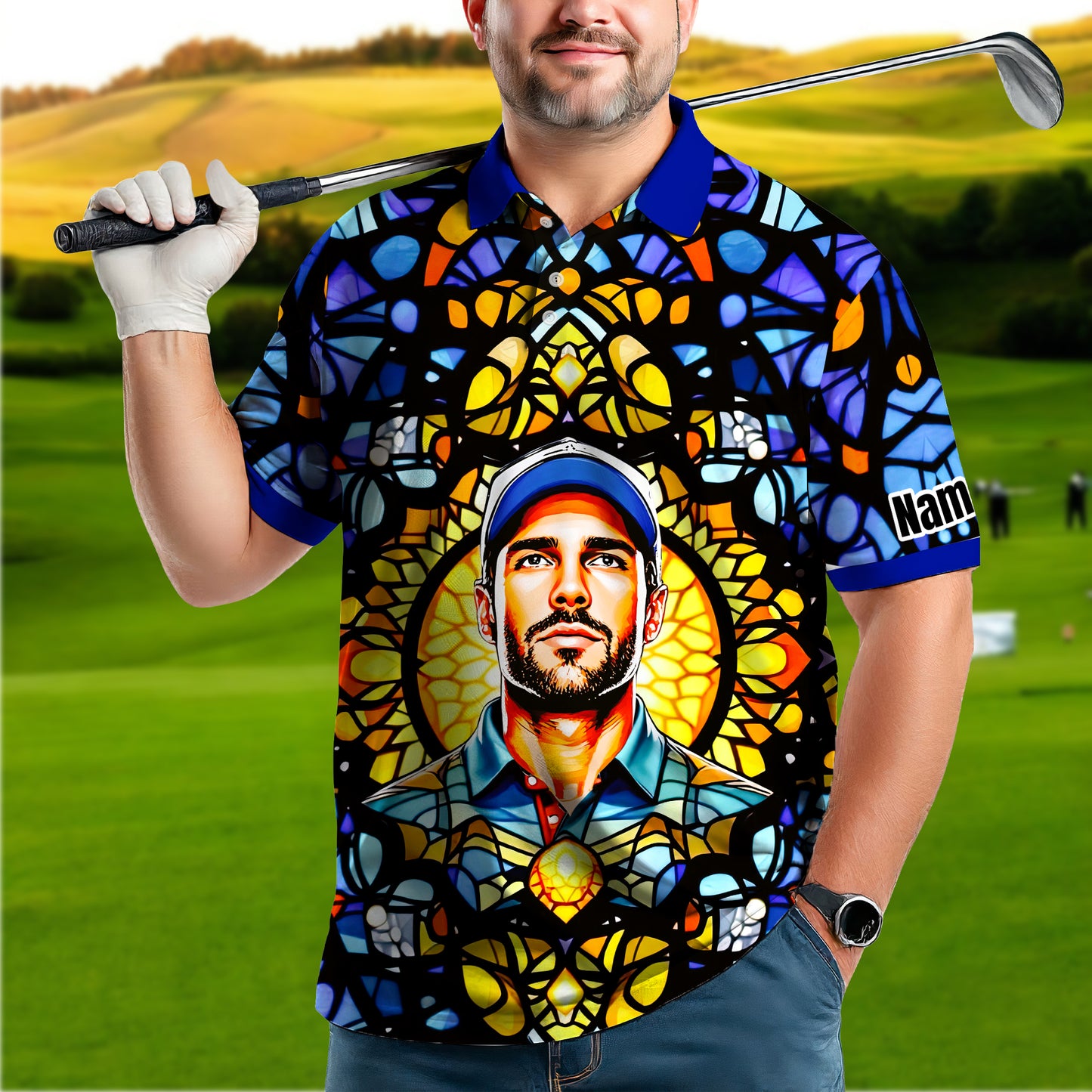 Custom Face Golf Polo Shirt – Personalized Stained Glass Mandala Style Polo, Unique Gift for Men & Women, Vibrant Artistic Golf Shirt, Custom Photo Polo