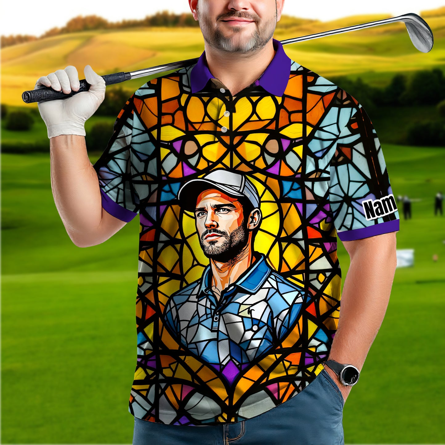 Custom Face Golf Polo Shirt – Personalized Stained Glass Art Shirt, Unique Golf Gift for Him, Colorful Abstract Golf Polo, Custom Sportswear