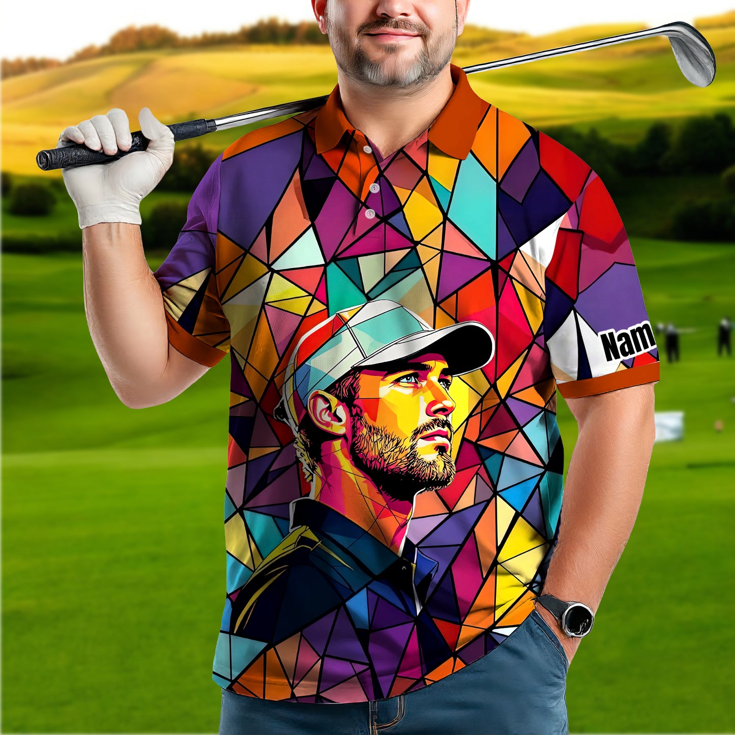 HomyGifts Men's Customized Face Artistic Golf Polo Shirt, Angular Geometric Glass Pattern, Stained-Glass Mosaic Print, Personalized Sublimation Golf Shirt, Vibrant Geometric Portrait Tee