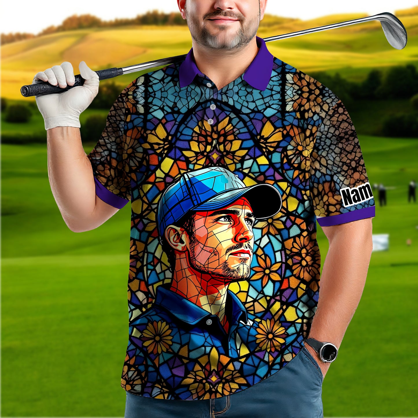 Custom Face Golf Polo Shirt – Personalized Stained Glass Art Shirt, Unique Golf Gift for Him, Colorful Abstract Golf Polo, Custom Sportswear