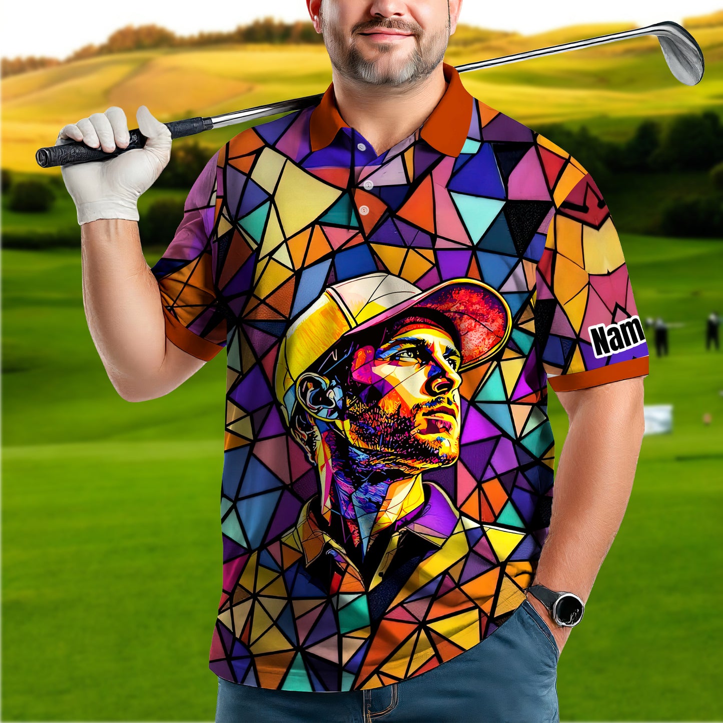HomyGifts Men's Customized Face Artistic Golf Polo Shirt, Angular Geometric Glass Pattern, Stained-Glass Mosaic Print, Personalized Sublimation Golf Shirt, Vibrant Geometric Portrait Tee