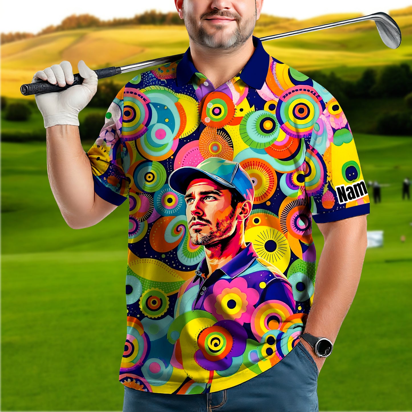 HomyGifts Custom Face Polo Shirt – Personalized Abstract Geometric Art Photo Shirt, Unique Gift for Him & Her