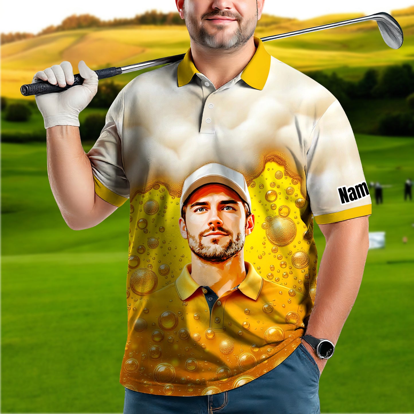 Custom Beer Polo Shirt with Face – Funny Personalized Polo for Beer Lovers, Summer Party Outfit, Unique Gift for Men