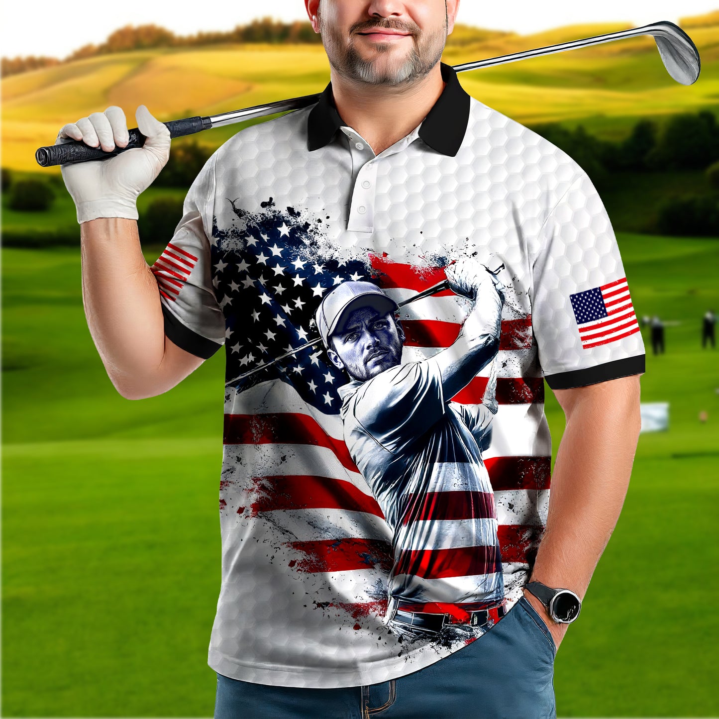 Men's Patriotic Custom Face Golf Polo Shirt - American Flag Design
